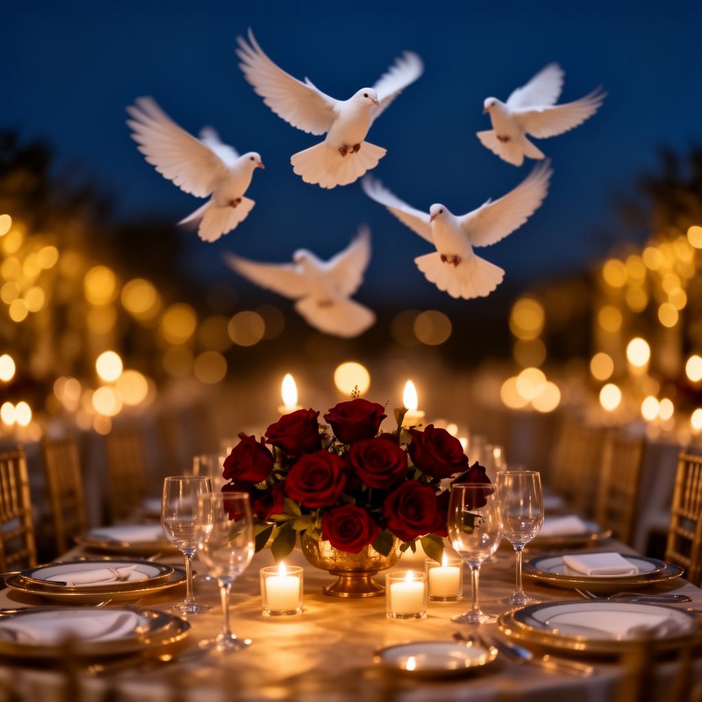 Candlelit gala table with red roses and white doves taking flight