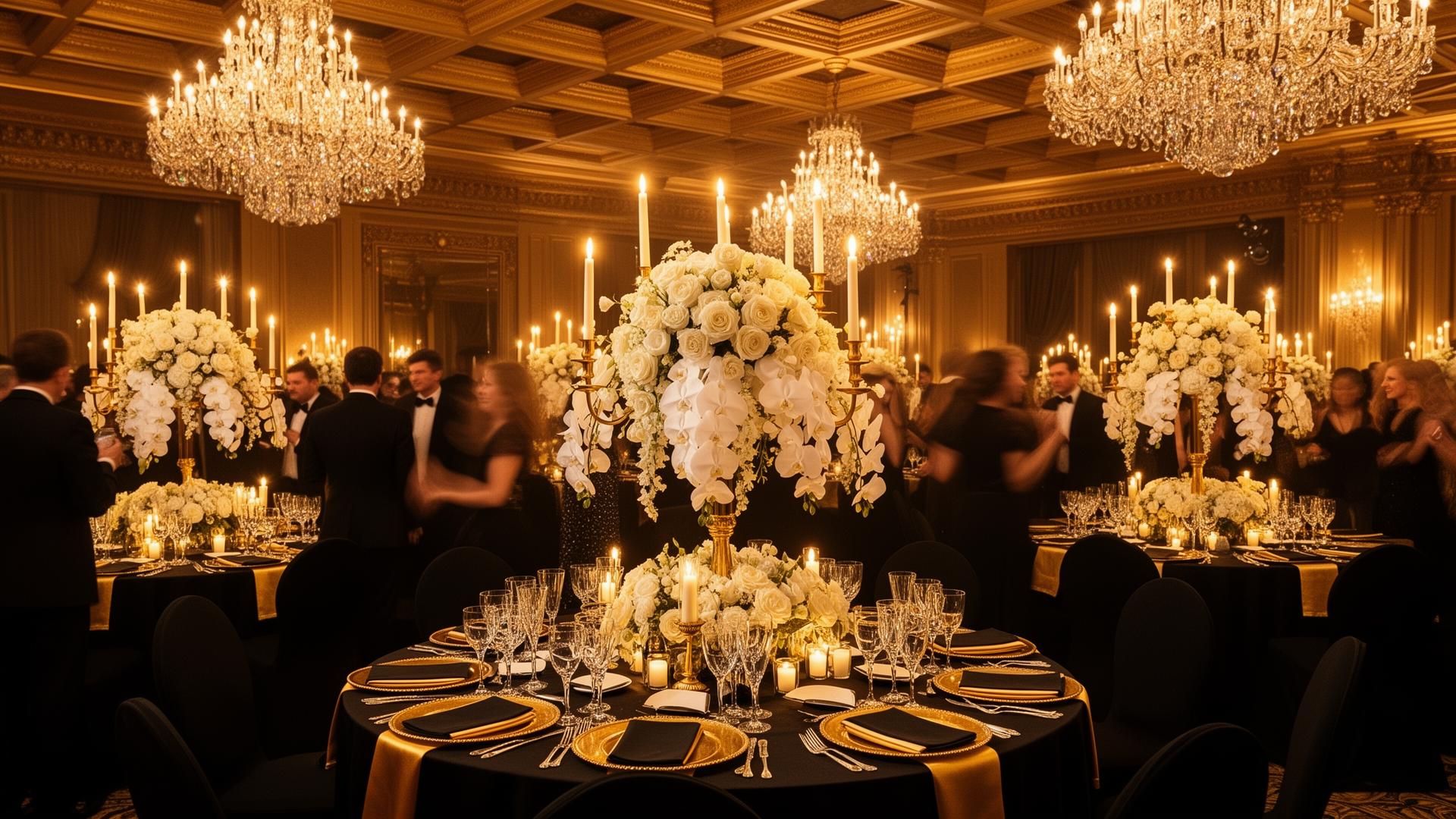 Candlelit gala ballroom with chandeliers and floral tables